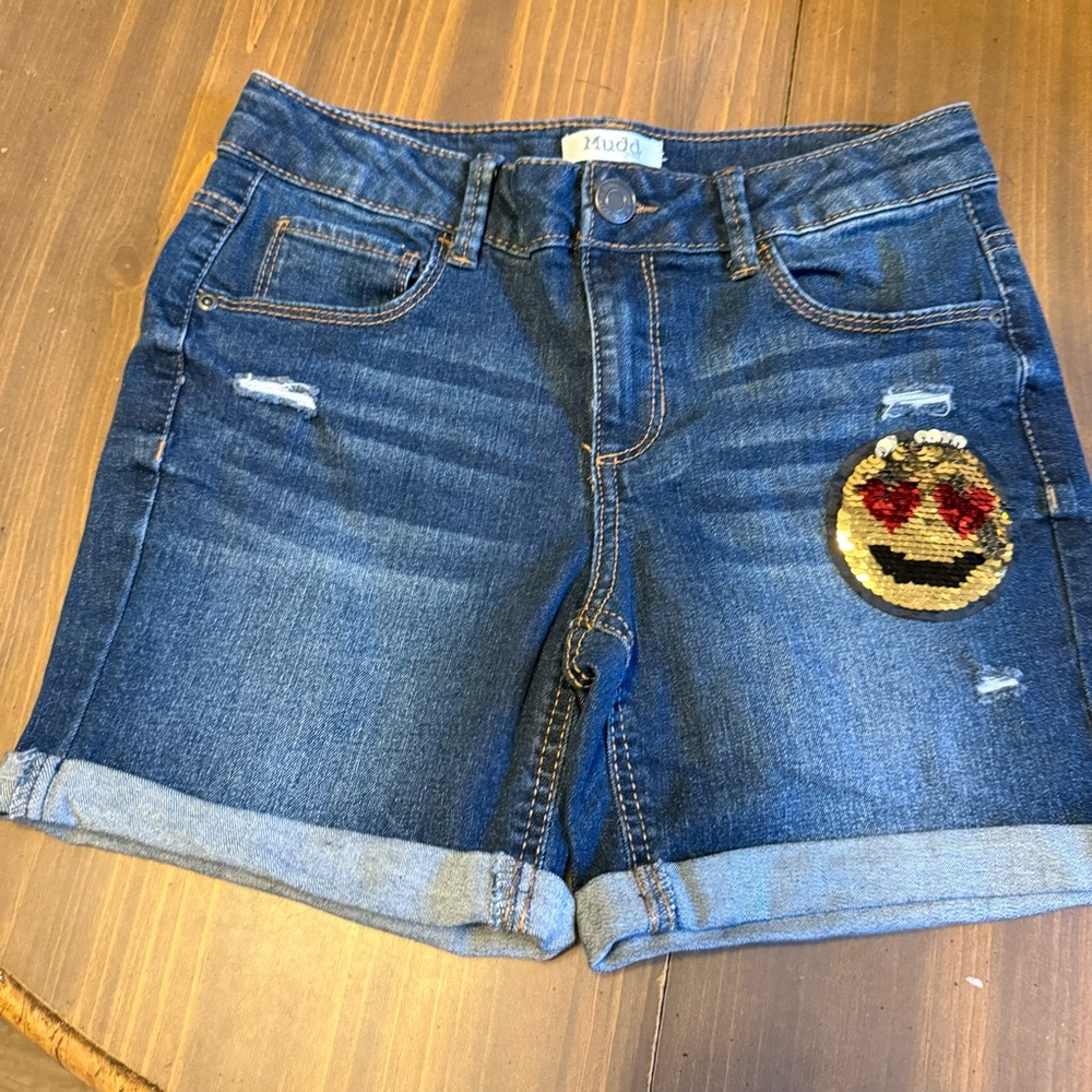 Mudd Dark Blue Jean Shorts with Emoji Patch Girls Size 14 Denim
